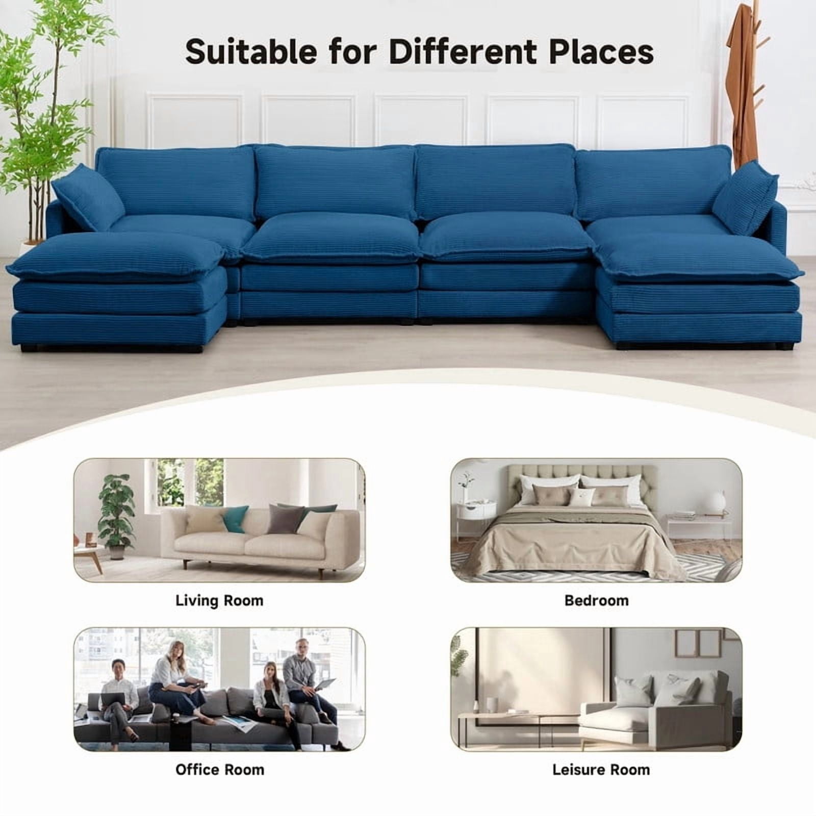 RIAFUN Sectional Cloud Couch with 2 Ottomans, Oversized U-Shaped Modular Corduroy Sofa, Convertible 4 Seat Sleeper Sofa Furniture Set for Living Room and Office, Navy