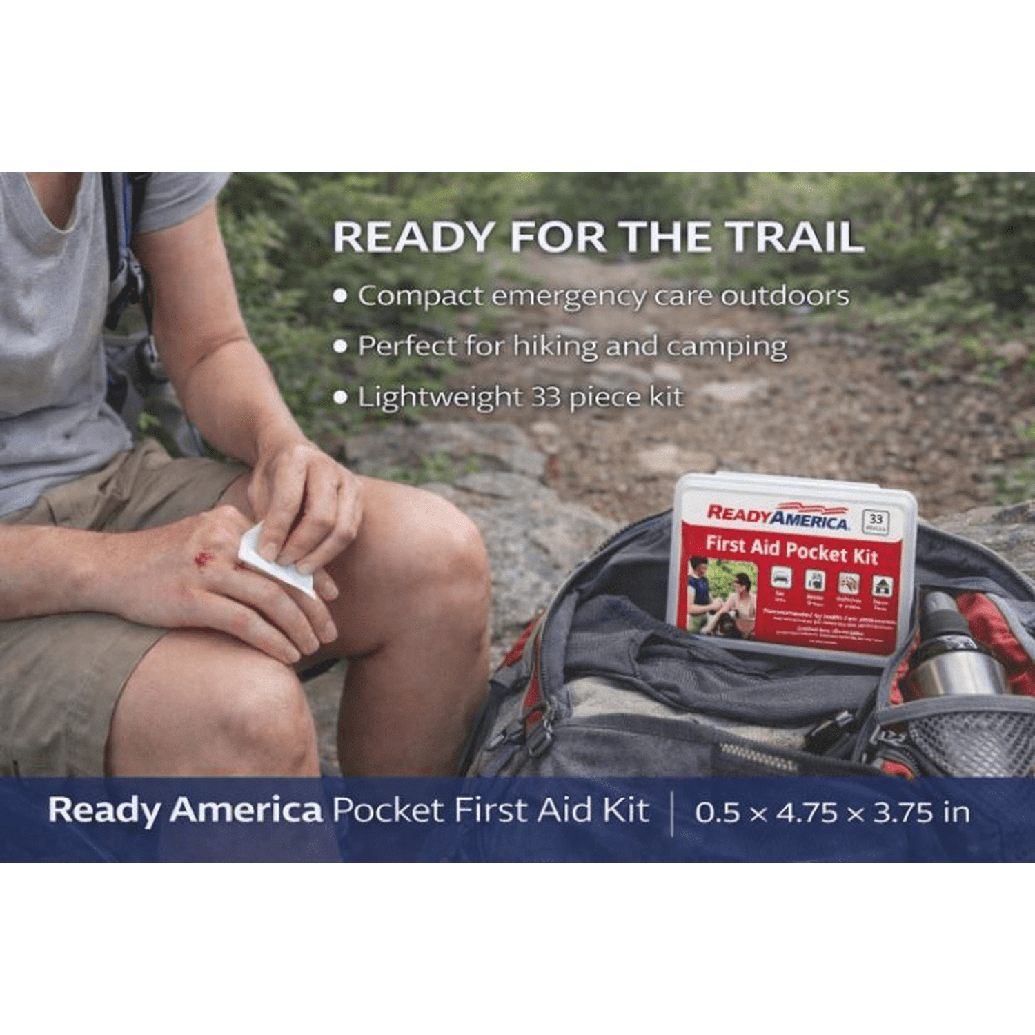 (4 pack) 33 Piece First Aid Pocket Kit, Ready America, approximate kit dimensions: 3.75 in. x 4.75 in. x .50 in.
