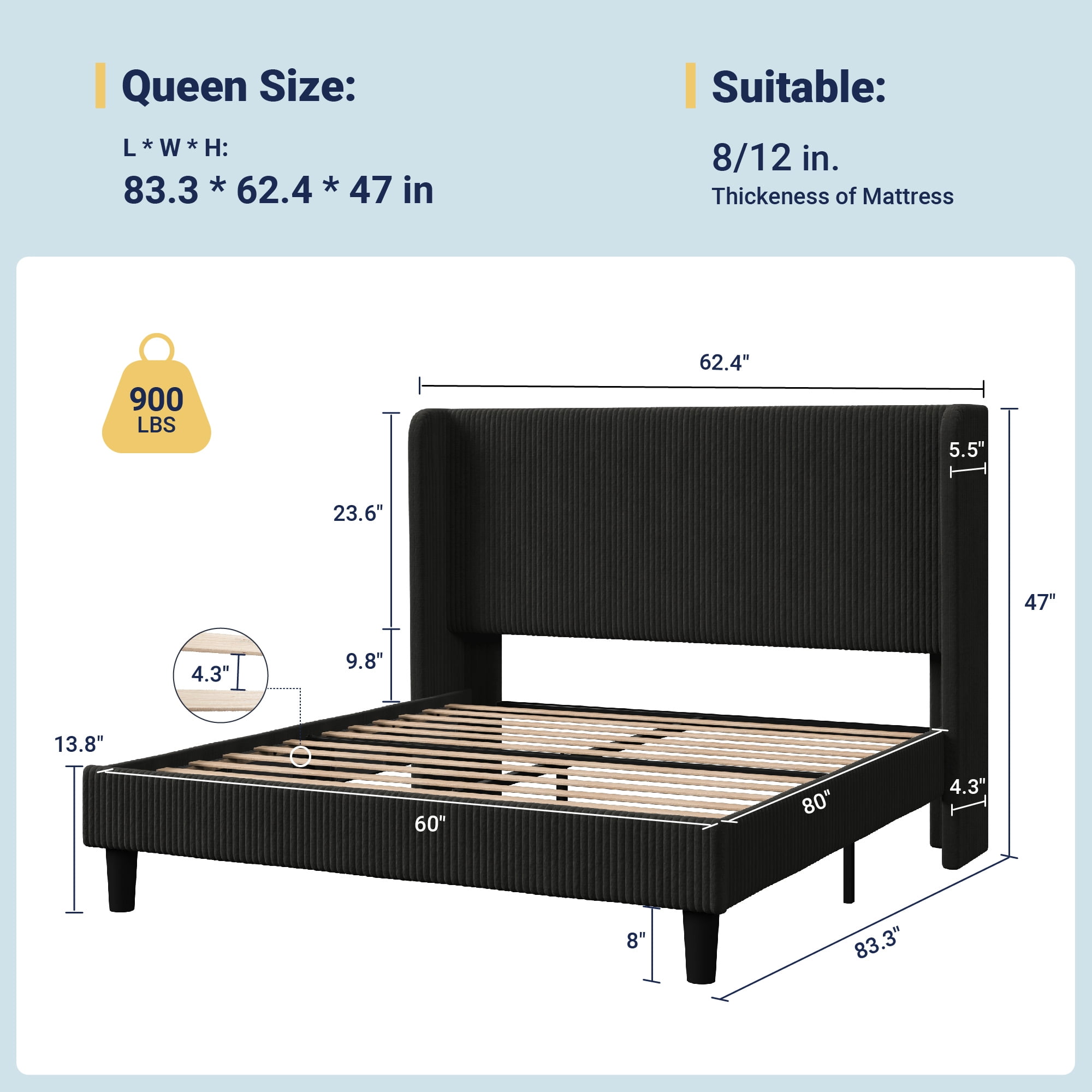 Allewie Queen Size Corduroy Upholstered Platform Bed Frame with Vertical Channel Tufted Wingback Headboard, 8" Under Bed Storage, Wooden Slats and Metal Frame Support, No Box Spring Needed, Black