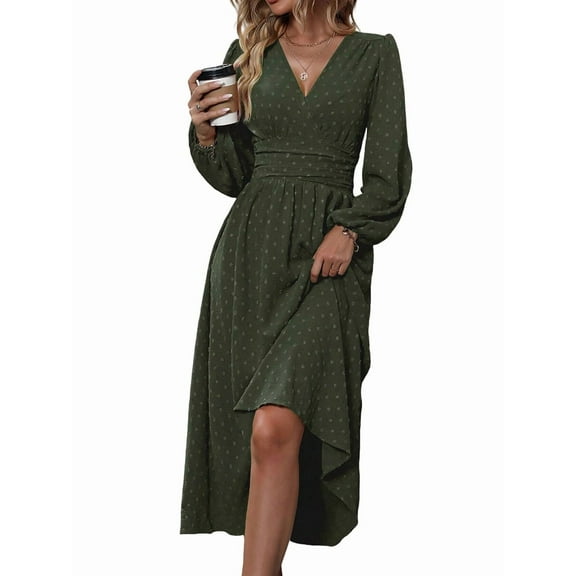 Women'S Fall Maxi Dresses Long Sleeve V Neck Dots High Waisted A-Line Ruffle Boho Long Dress Vacation Army Green S