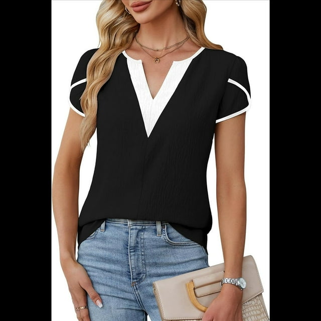 Camisetas de Corta con Cuello en V para Mujer, Color Negro, Talla M