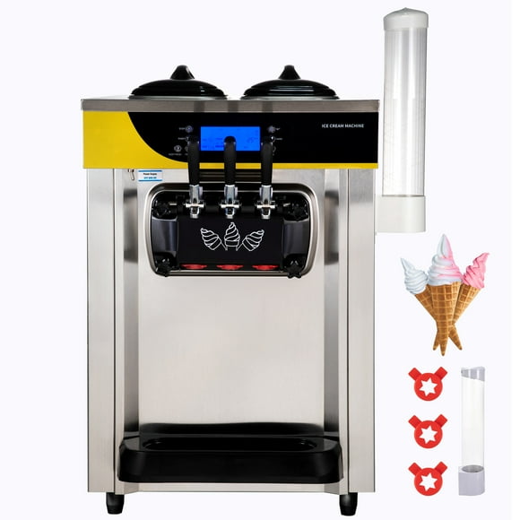KFFKFF Ice Cream Machine for Commercial Use, 22-30L/H Production, 2200W Tabletop Soft Serve Maker, Dual 6L Hopper & 2L Cylinder, LCD Display, Alert for Low Mix, Silver