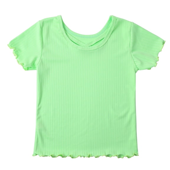 Girls Short Sleeve Tops Ribbed Knit Crew Neck Shirts Lettuce Trim T Shirts Basic Solid Tees Casual Slim Fit Summer Shirt