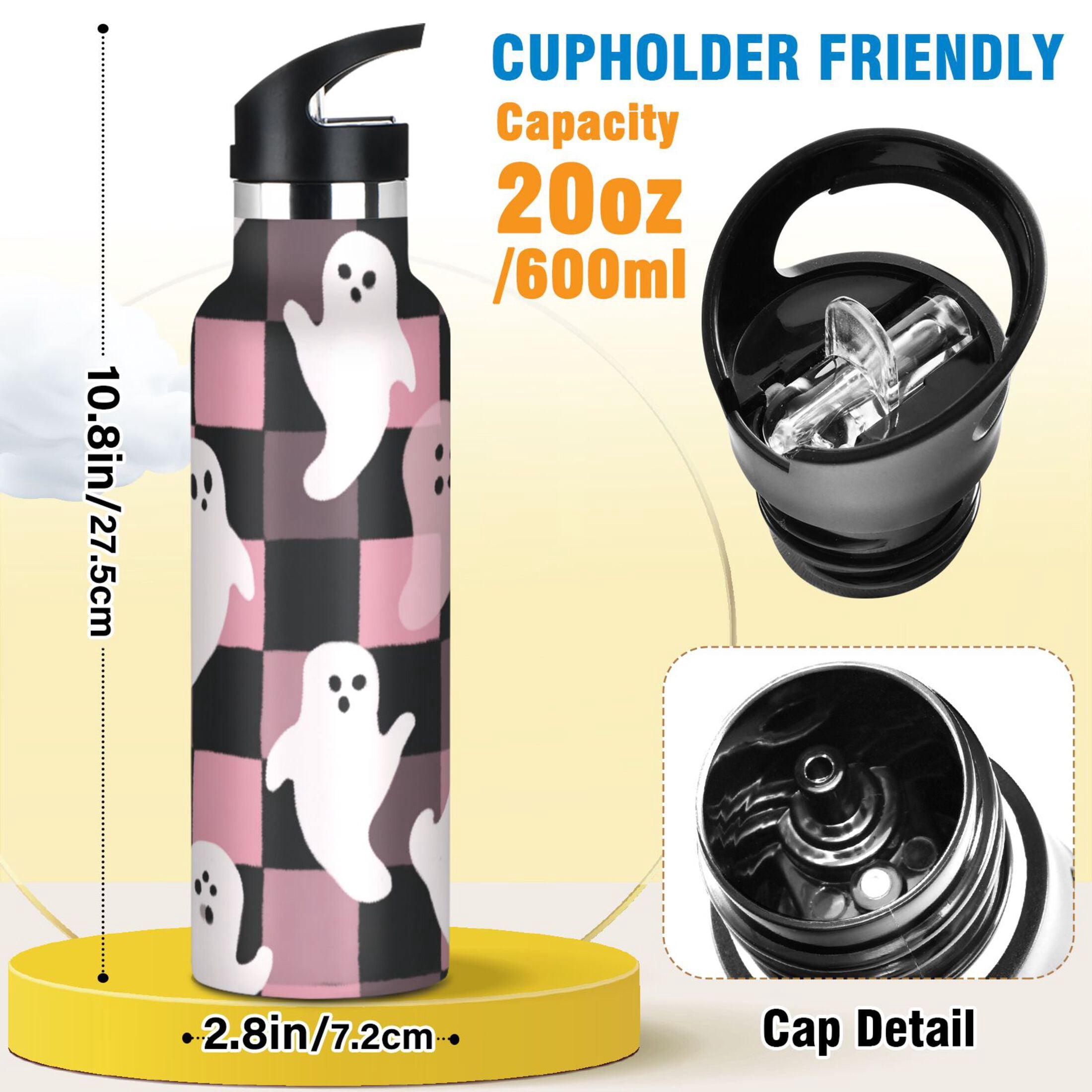 Kids Insulated Stainless Steel Sports Water Bottle 600ml (20oz) Pink and Black Cartoon Ghosts