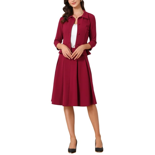 Conjunto de traje de falda chic Inspire para mujeres, 2 piezas, oficina, chaqueta de blazer de 3/4 de manga, faldas plisadas, XS, rojo oscuro