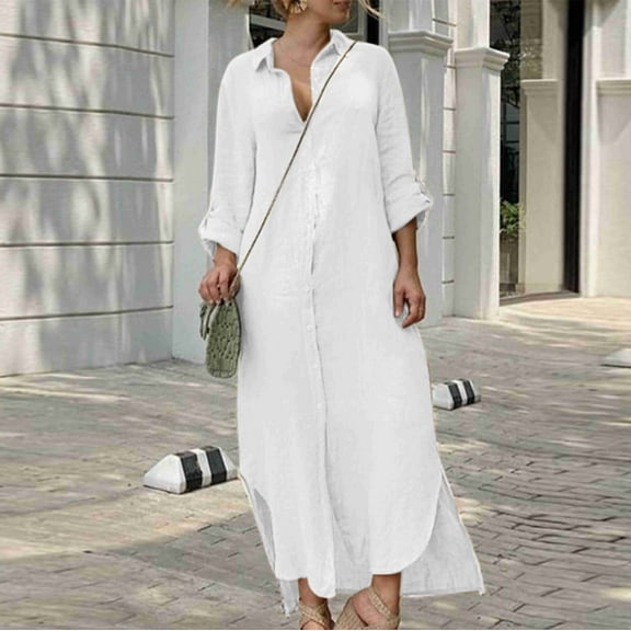 Zorckvet Womens Button Down Dresses Plus Size Short Sleeve Loose V Neck Trendy Casual Dress for Women Cotton Linen