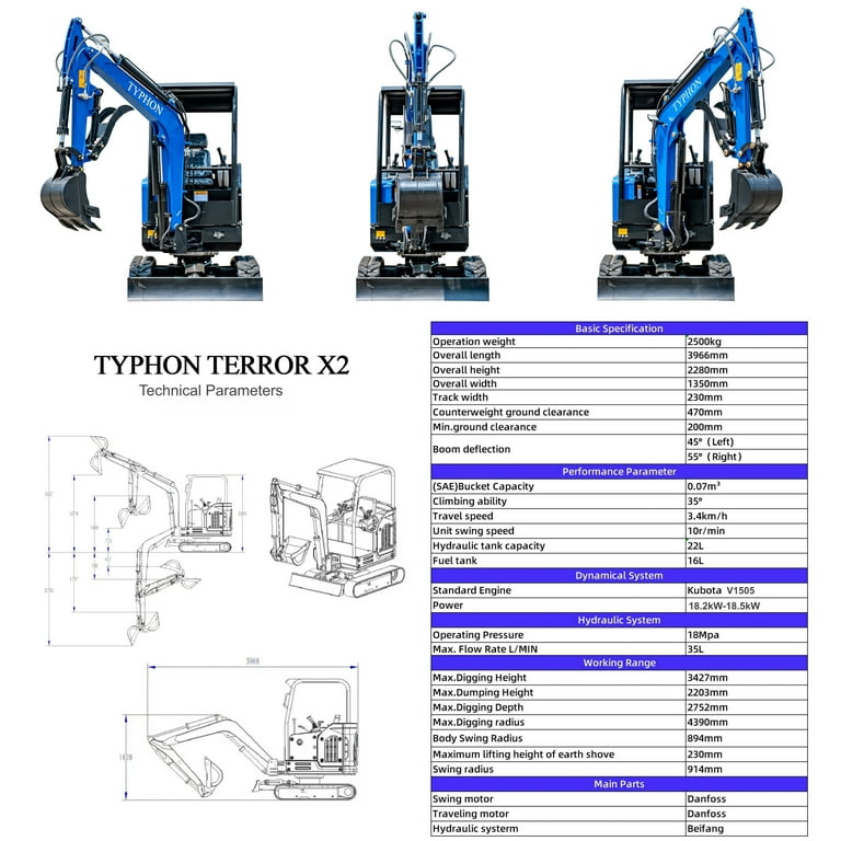 TYPHON TERROR X2 STORM Mini Excavator 2.5 Ton Diesel Kubota V1505