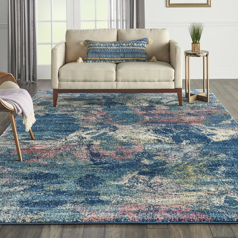 Nourison Fusion Lowpile Shag Abstract Blue Multi Colored Area Rug