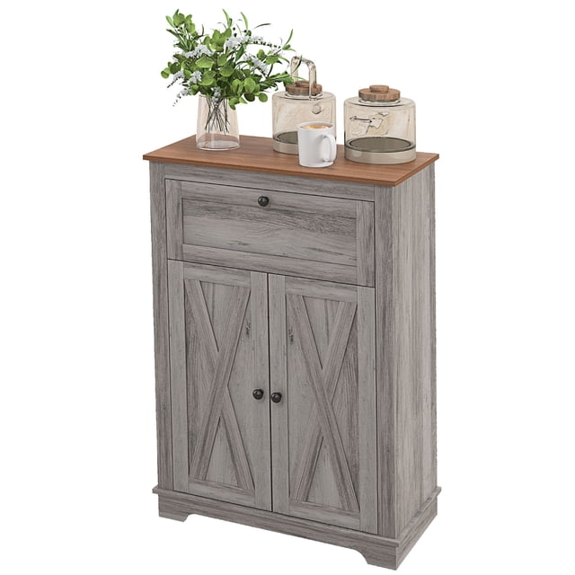 Armoire de Rangement Style Ferme Gris Lavé, Buffet Bahut en MDF avec Tiroir et Tablette Réglable à 2 Niveaux, Armoire d'Accent 23.6 Pouces L x 11.8 Pouces P x 34.4 Pouces H pour Salon Ou Cuisine