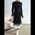 thumbnail image 4 of Vestido Tipo Suéter de Larga con Dobladillo A Rayas y Bloques de Color para Mujer, Plisado, Corte en A, de Punto Acanalado Negro M, 4 of 10