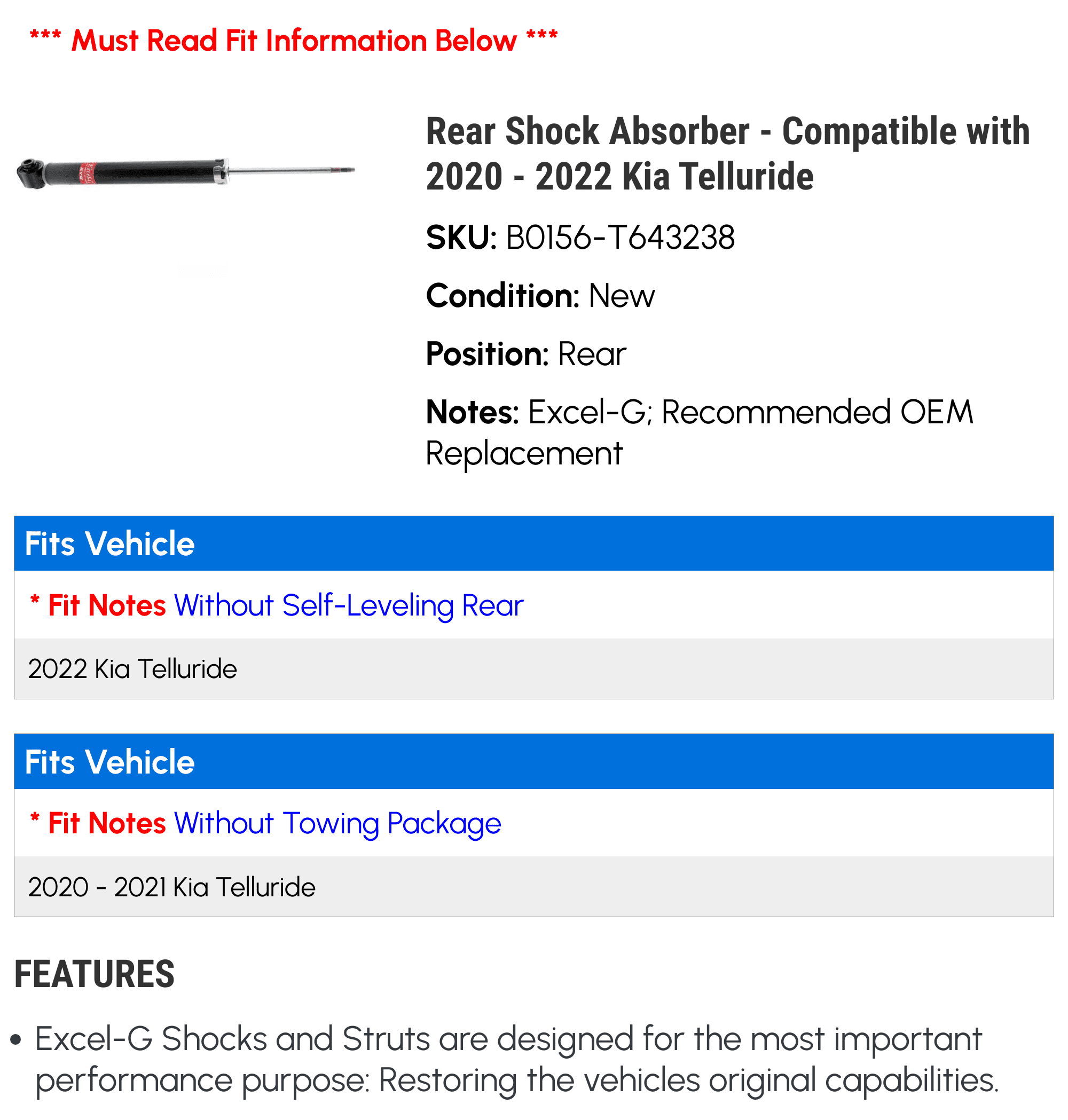 Rear Shock Absorber - Compatible with 2020 - 2022 Kia Telluride 2021