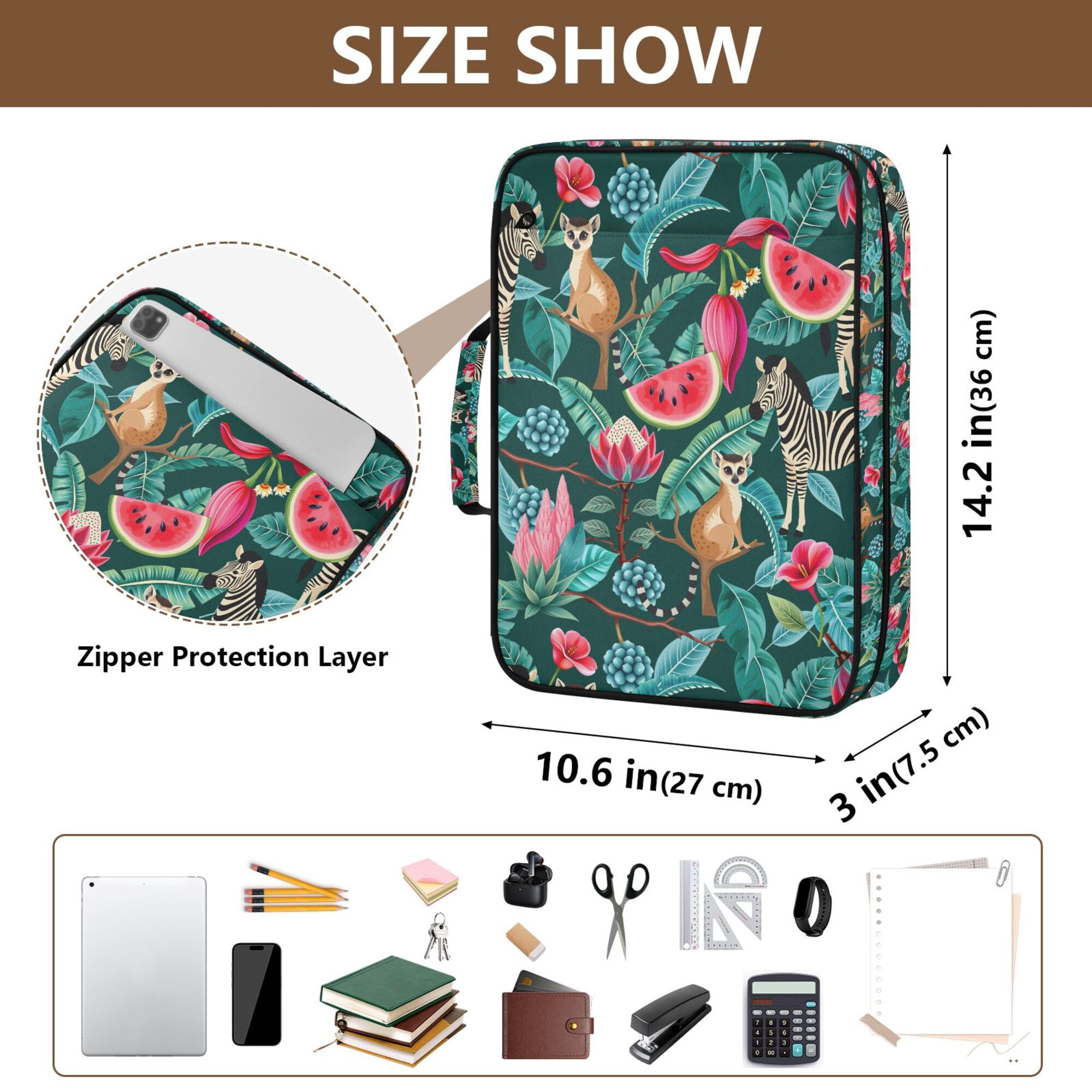 FORMRS Accordion File Folder A4 Size 7-Pocket Expanding Document Organizer Bag with 3 Ring Binder, Green Tropical Pattern