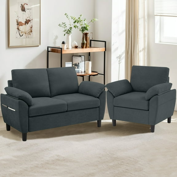 Pingliang Home 2 Pieces Furniture Set, 57" Loveseat and 35" Accent Chair, 1-Seater Single Armchair and 2-Seater Small Sofa Couch with Side Pockets for Dorm,Living Room,Apartment,Office,Studio