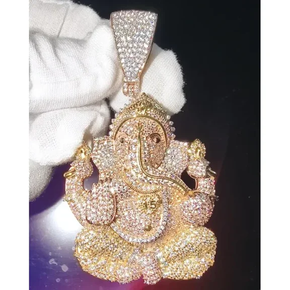 Aishvi Jewels 5Ct Round Cut Moissanite Men's Lord Ganesh Pendant 14K Three-Tone Gold Plated 18"Free Chain God Pendant for Men,925 Silver Pendant, god Pendant for her
