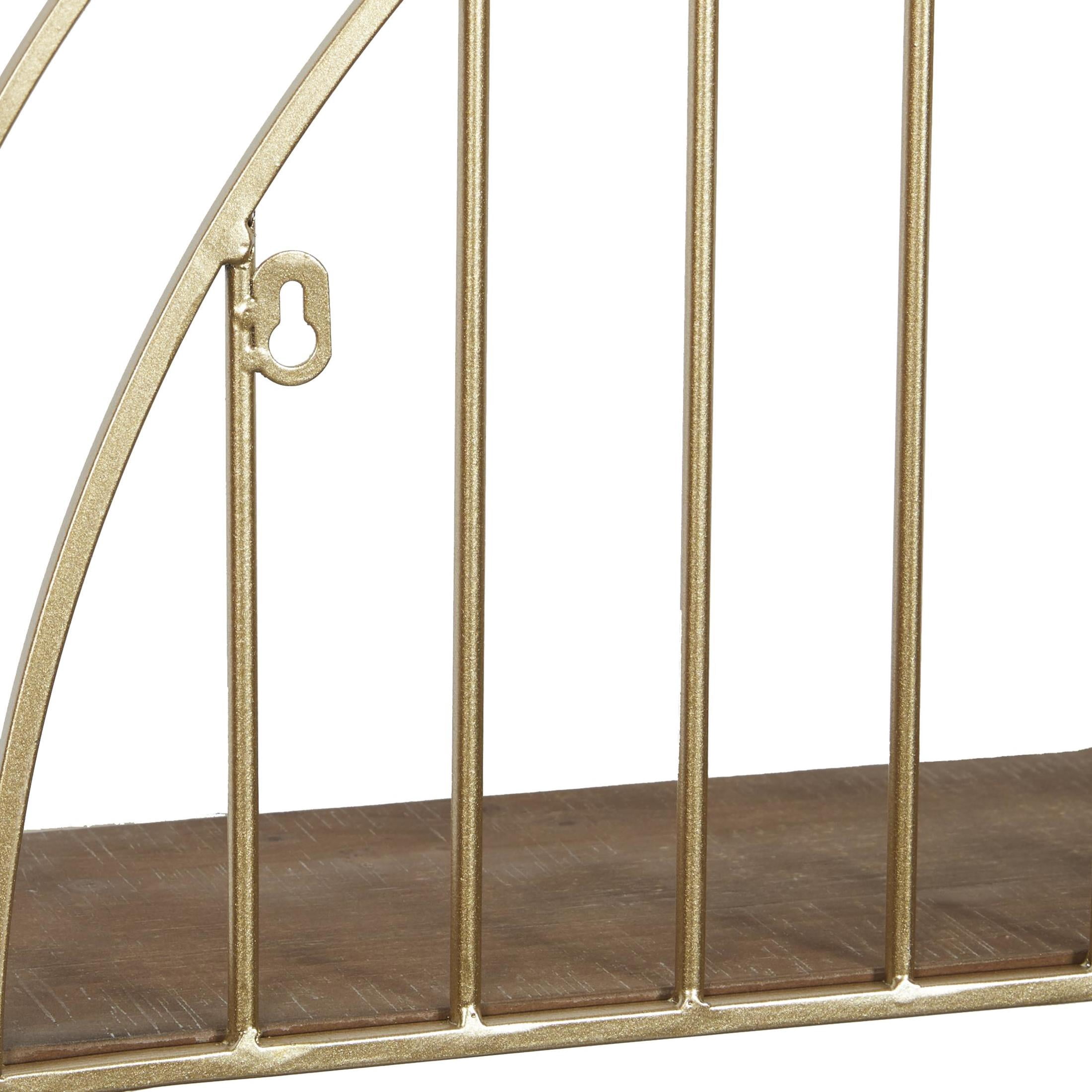 DecMode Gold Modern Iron Round Wall Shelf with Natural Brown Shelf Finish , 28"W x 28"H
