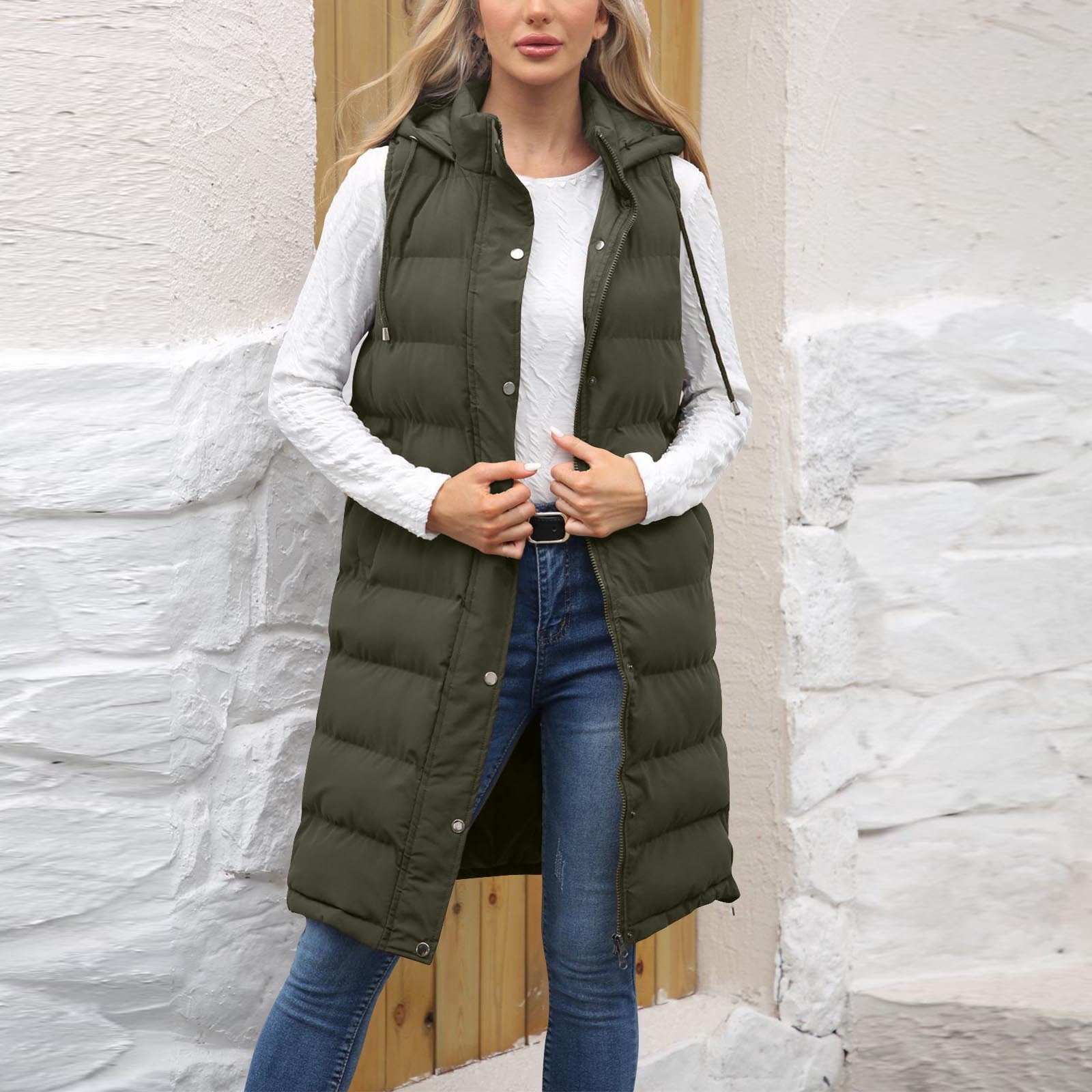 FAVIPT Womens Plus Size Puffer Vest Long Lightweight Hoodie Jacket Zip Up Quilted Button Coats Sleeveless Pockets Trendy 2025 Outerwear Army Green,XXXL