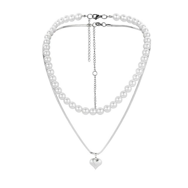 MasteelfCA 1 Ensemble Collier Élégant Double Couche Collier Perle Collier Cœur en Acier Titane