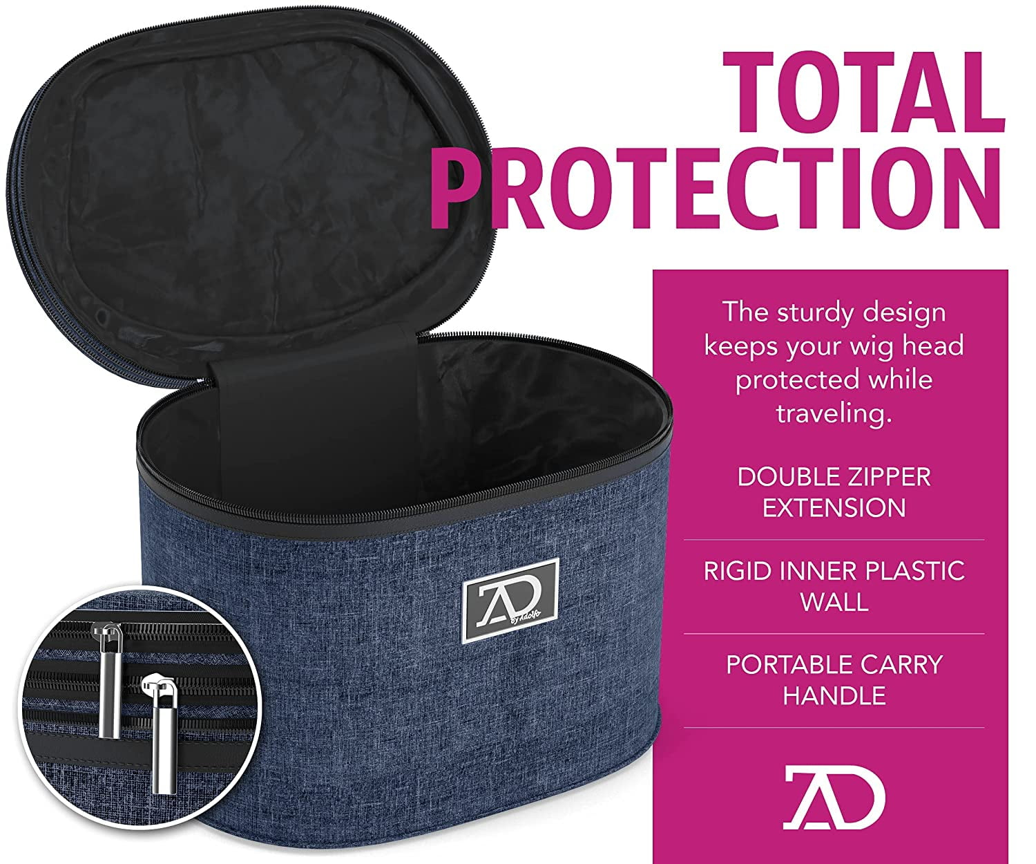 8"-12" Wig Travel Case -High Wig Box with Collapsible Wig Stand - Dome Foam Wig Head Stand in Zipper Carrying Case w/Handle for Safe Traveling Storage of Wigs, Lace Front Cap, Toupee (Denim Navy)
