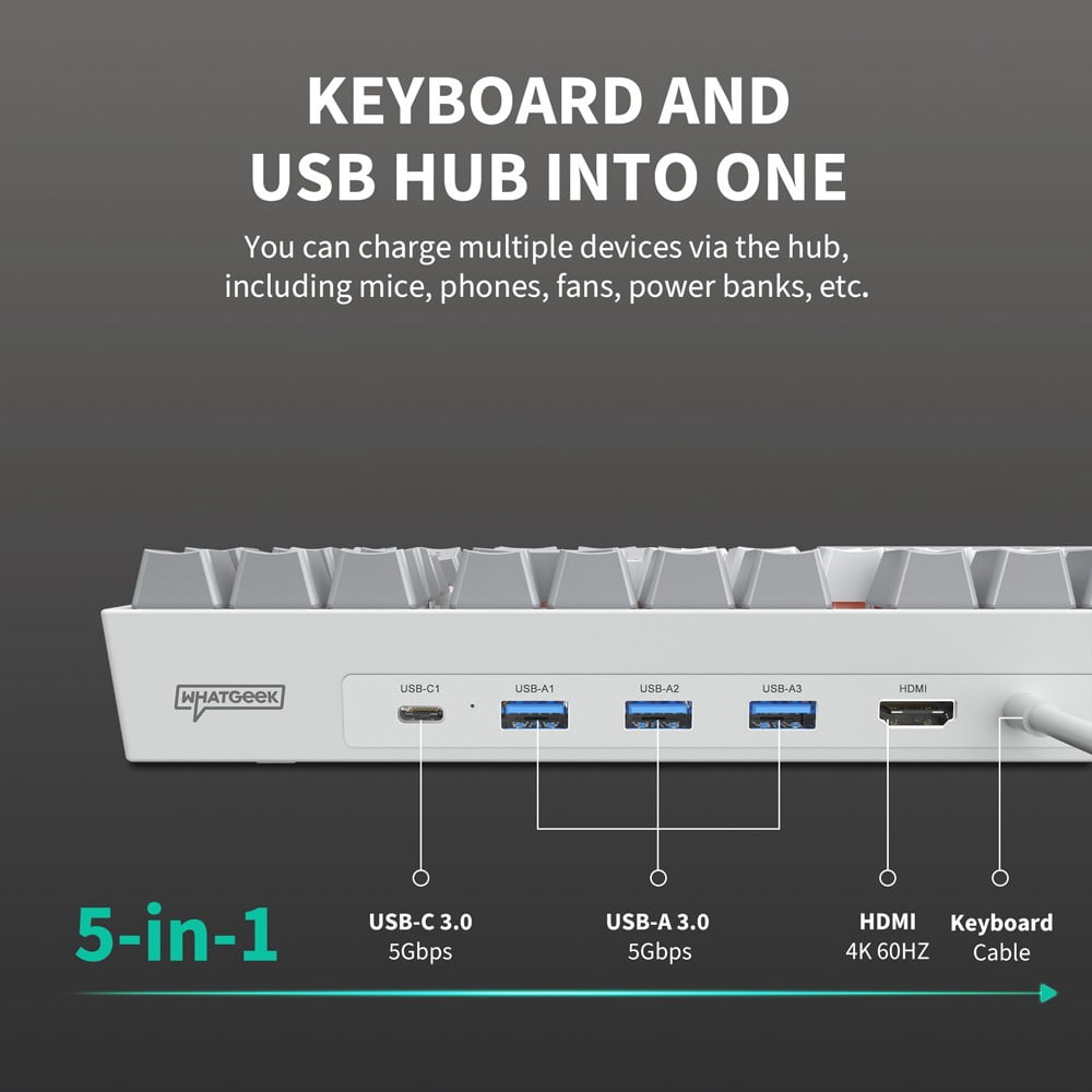 Wired 87 Keys Mechanical Keyboard with 5-Port USB Hub, Hot Swappable Gaming Keyboard, 4K HDMI, Red Switch Computer Keyboard for Mac Windows