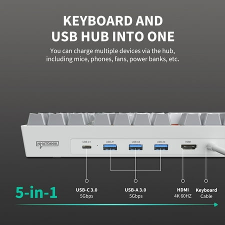 3inus - KEBOHUB EE01 Wired Mechanical Keyboard with 5-in-1 Hub, 87 Keys RGB Backlit, Hot-Swappable Switches for Mac & Windows - Brown Tactile