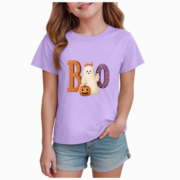 Ulanda Toddler Baby Girls Halloween T-Shirt Ghost Graphic Shirt Kids Cute Funny Spooky Season Short Sleeve Tees Top (Purple, 3-4 Years)