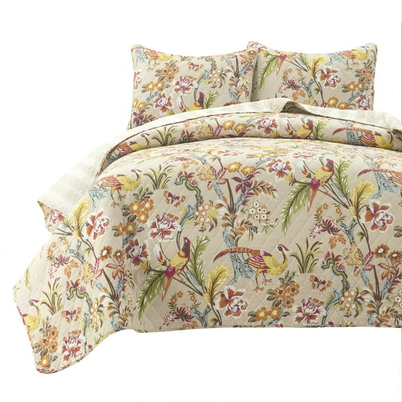 Lush Decor Dolores Reversible Cotton Quilt Set, 3 Piece Set, Full/ Queen, Neutral & Multi - Soft Tropical Bedding Set - Floral & Bird Quilt - Cottage, Maximalist & French Country Bedroom Decor