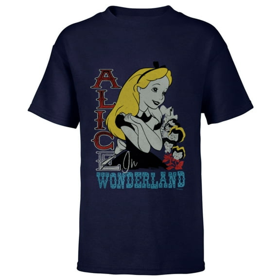 Disney Alice in Wonderland with Flowers Vintage Retro - Short Sleeve T-Shirt for Kids - Customized-Navy