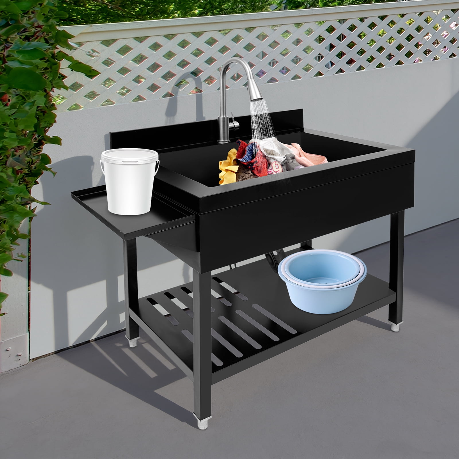 Freestanding Single Bowl Kitchen Sink, Black Stainless Steel Sink, Utility Sink with Faucet and Storage Shelf, for Kitchen Restaurant Garage