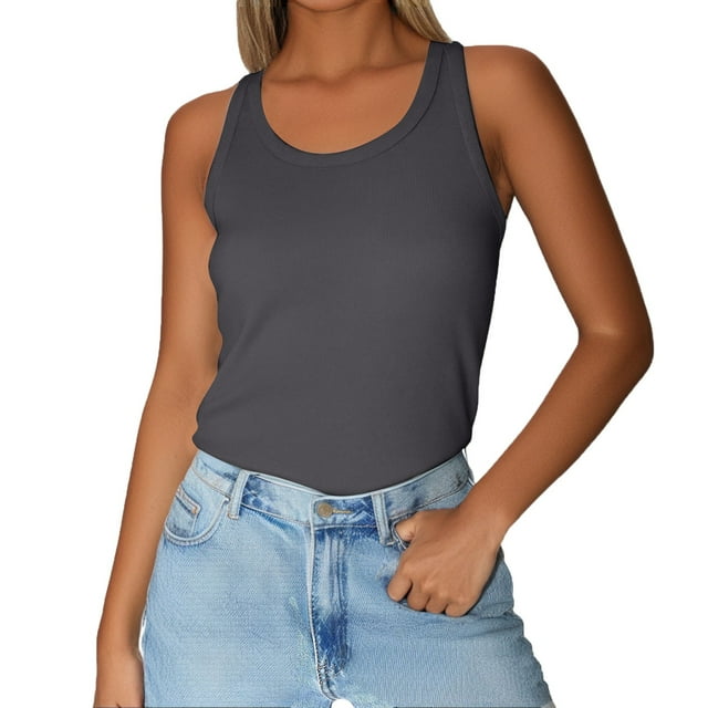 WZXFASHION Tank Top For Women Summer Sleeveless Neck Ribbed Workout Tank Tops Slim Basic Tee Shirts Camisoles&Tanks Dark Gray L