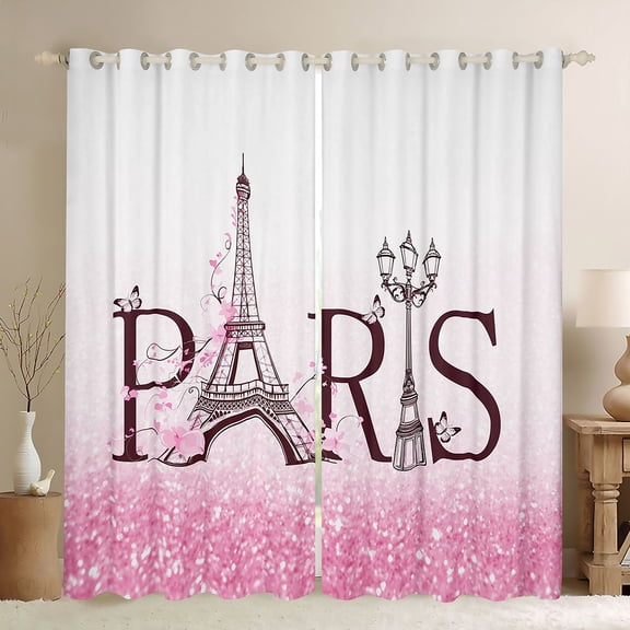 Manfei Romantic Eiffel Tower Blackout Curtains Set of 2 (52x84 Each), Pink Sequin Print Window Curtains, Anniversary Blossoms Floral Curtains and Drapes, Living Room Curtains Decor