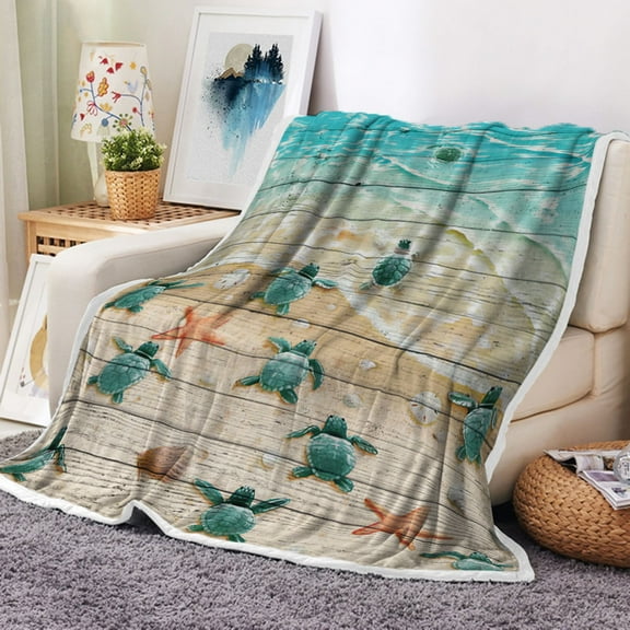 Sea Turtle Throw Blanket Kids Decor, Turtles and Starfish at Ocean Sandy Beach on Rustic Vintage Teal Wood Board Farmhouse Fleece Blanket, Sea Creatures Nautical Life Soft Plush Blanket, 50X60IN