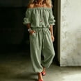 thumbnail image 2 of Women Solid Linen Cotton off the Shoulder Jumpsuit, 3/4 Sleeve Elastic Waist Cuffed Capri Rompers with Side Pockets Summer Beach Vacation Casual One Piece Outfit Green XL(XL), 2 of 6