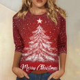 thumbnail image 2 of Kddylitq Merry Christmas 3/4 Sleeve Tops for Women Cute Xmas Tree Tshirts Plus Size Crew Neck Blouse Soft Holiday Pullover Tees Wine XL, 2 of 5