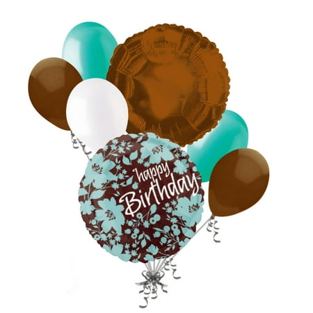 Birthday Flower Bouquet Jeckaroonie Balloons 7 pc Teal & Brown Decorative Flower Happy Birthday Balloon Bouquet Decoration ()