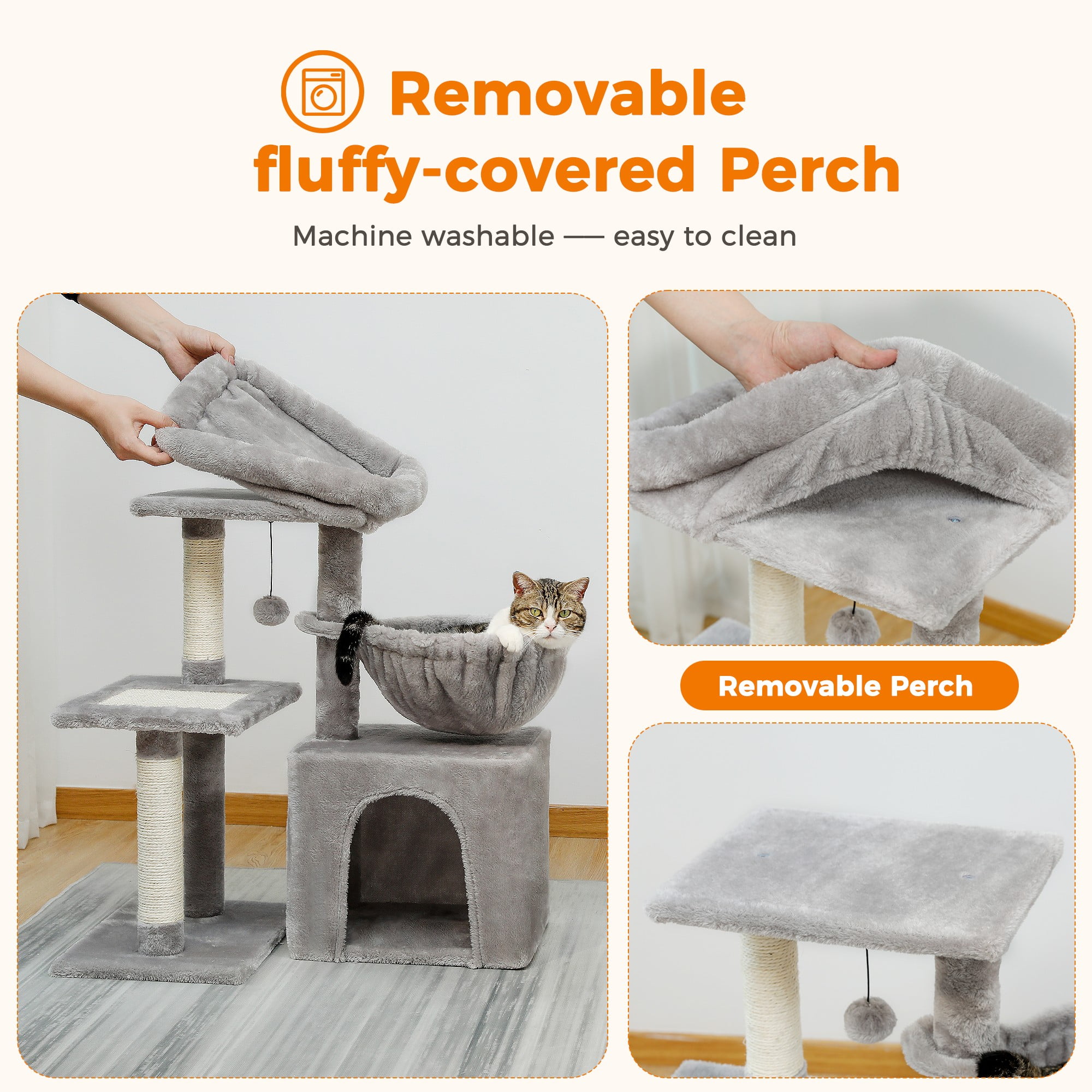 Kadyn 28.5'' Tall Cat Tree Tower, Three Tier Cat Tree House for Indoor Cats Modern Kitten Cat Climbing Tree, Grey