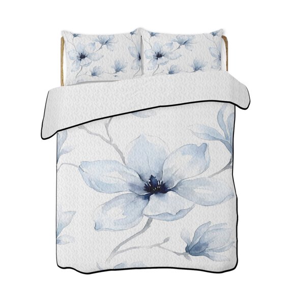 Quilt King Size Bedding Set, Blue Floral Reversible Summer Quilt 3 Pieces, Summer Spring Flowers Farmhouse Lightweight Bedspreads Coverlets with 2 Pillow Shams for All Seasons