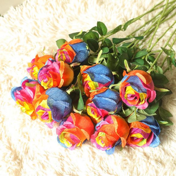 Fake Roses Wedding Flowers Real Touch Silk Rainbow Artificial Flowers 18 Stems