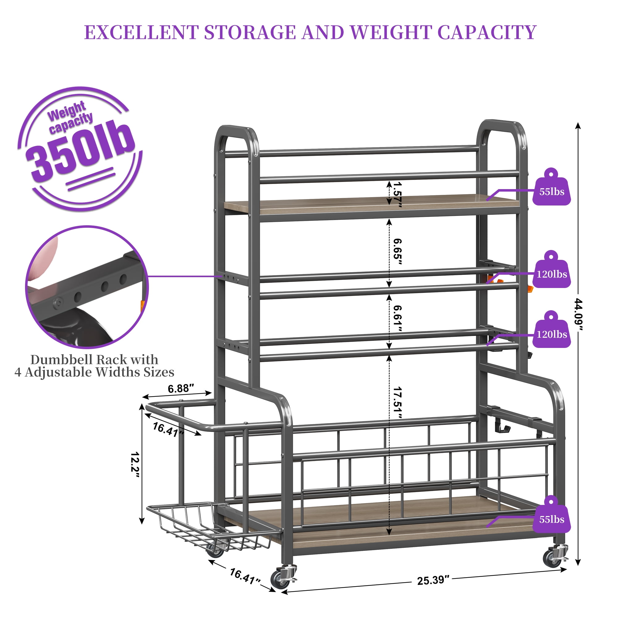 Homeiju Dumbbell Rack,Weight Rack for Home Gym, Home Gym Storage for Dumbbells Kettlebells Yoga Mat and Strength Training Equipment,Weight Storage Rack for Dumbbells with Wheels&Hooks(Grey)