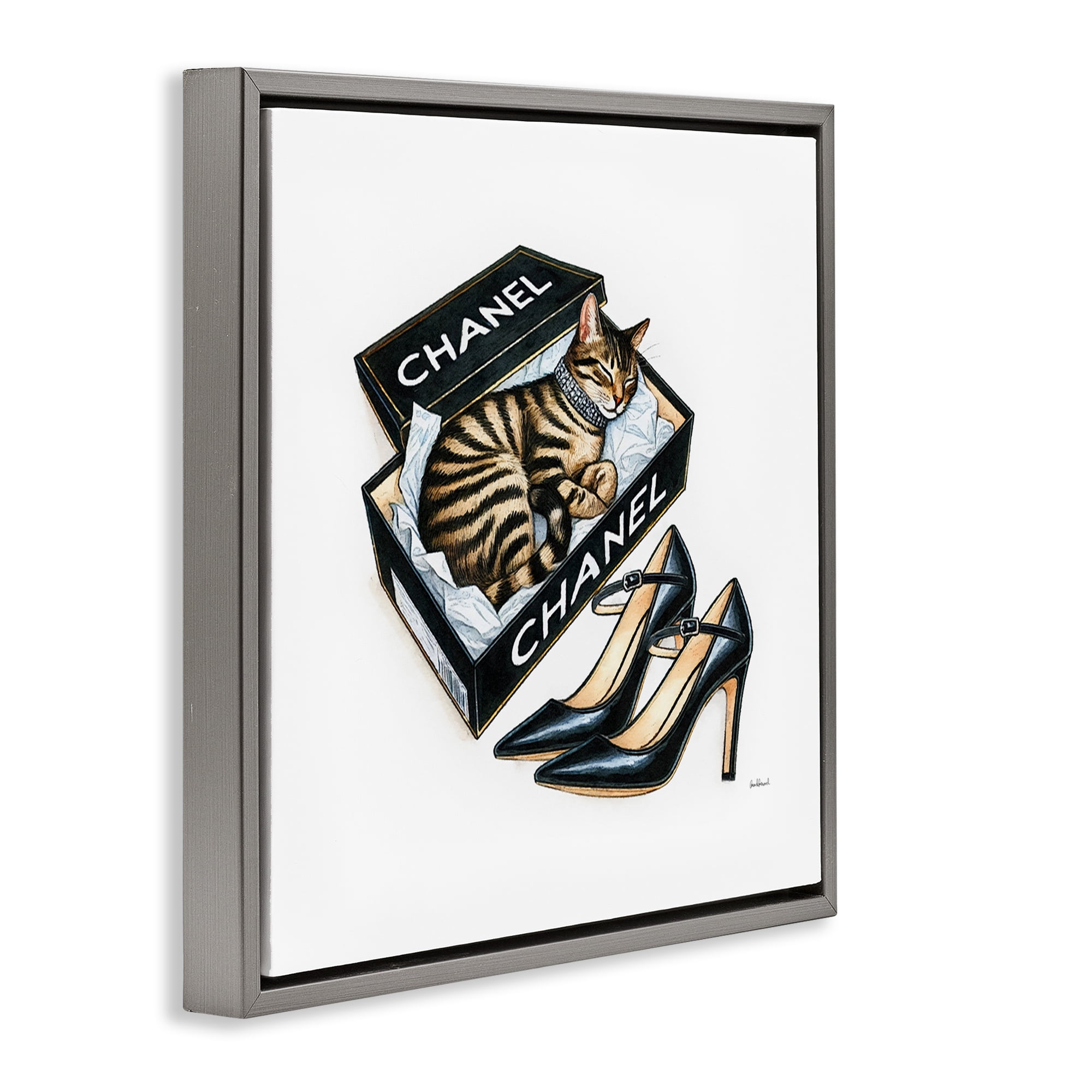 Stupell Industries Sleeping Cat in Shoe Box Animals Painting Gray Floater Framed Canvas Art Print Wall Art, 18 x 18