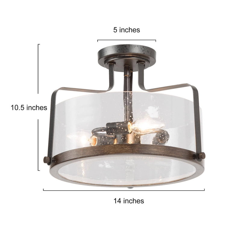 LNC 14" 3-Light Drum Semi Flush Mount Ceiling Light,Rustic Black Metal Frame with Seeded Glass,Dark Wood Grain Finish for Kitchen,Hallway