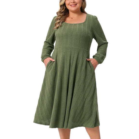 DARING DIVA Plus Size Knit Long Sleeve A Line Midi Pockets Dress 1X Army Green