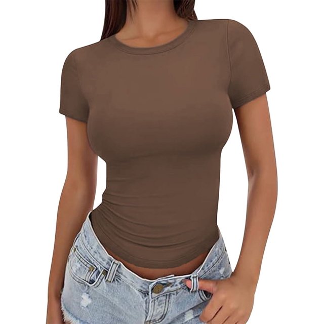 Womens Basic T Shirts Crop Short Sleeve Y2k Tee Cute Gym Fashion Workout Clothes Coffee L