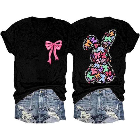 Women's Happy Easter Shirt Bunny Ear Graphic V-Neck Tee Tops Easter Day Gifts