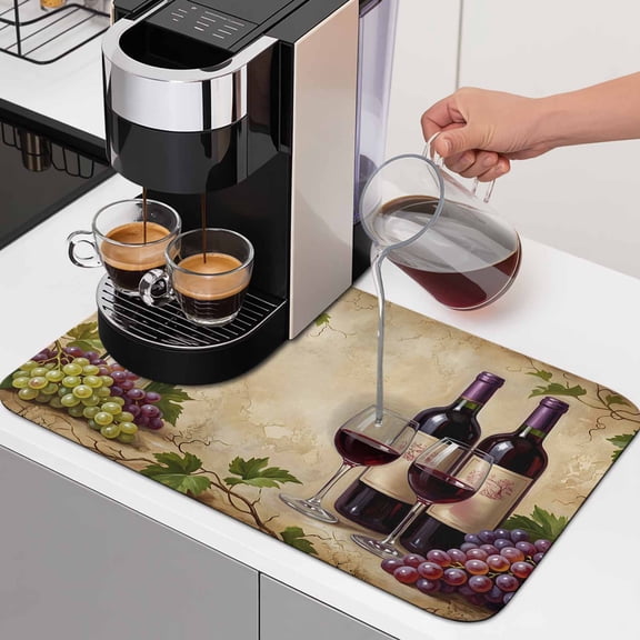 Wine Bottles Grapes Dish Drying Mats for Kitchen Counter, Wine Glasses Fruit Rustic Absorbent Coffee Bar Mat with Non-slip Rubber Backed Quick Drying Dish Rack Pad 16"x18"