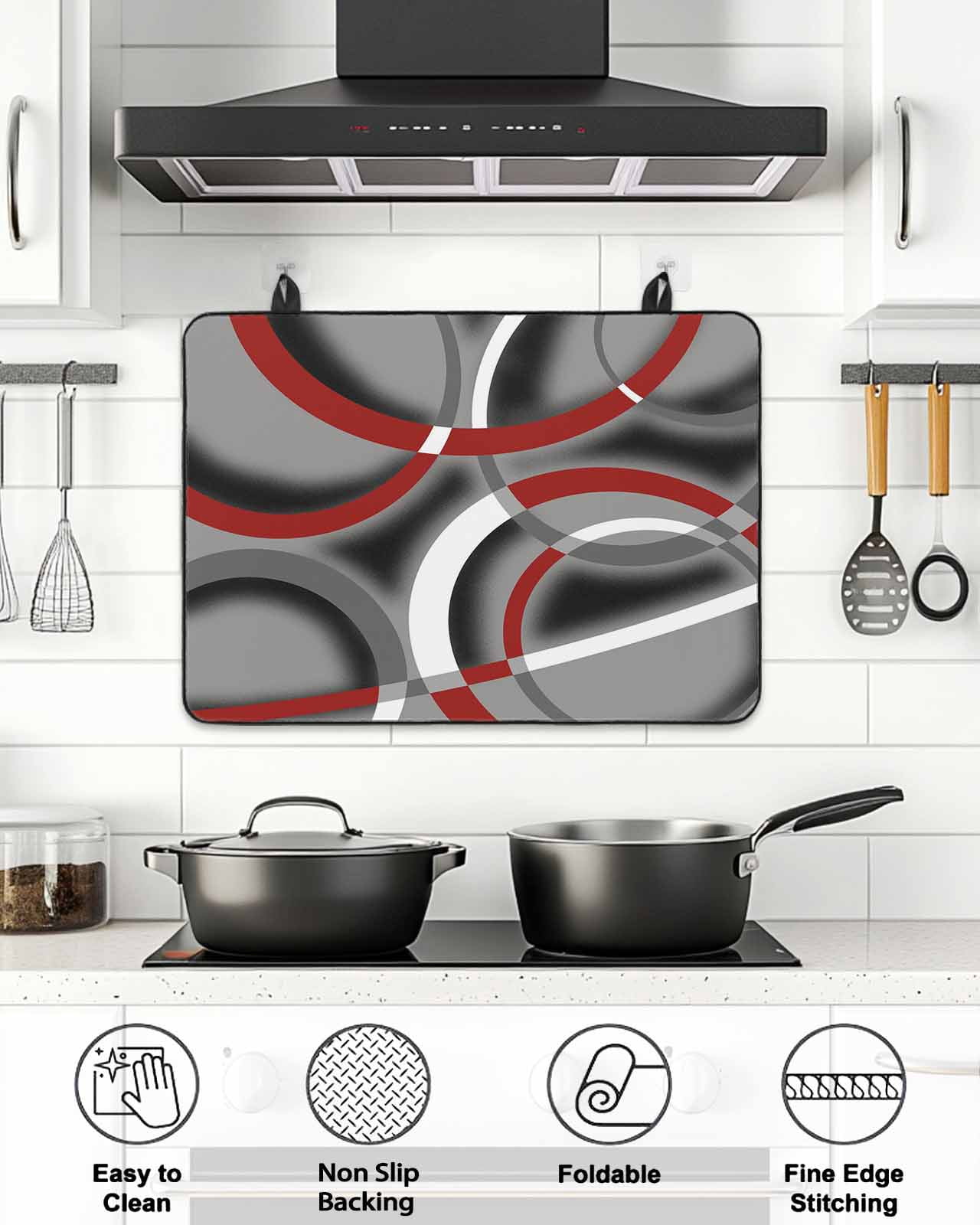 Stove Top Covers for Electric Stove, Grey Geometric Glass Stovetop Cover Protector, Modern Abstract Black White Red Striped Induction Cooktop Protector Oven Mat for Kitchen Countertop 24"x21"