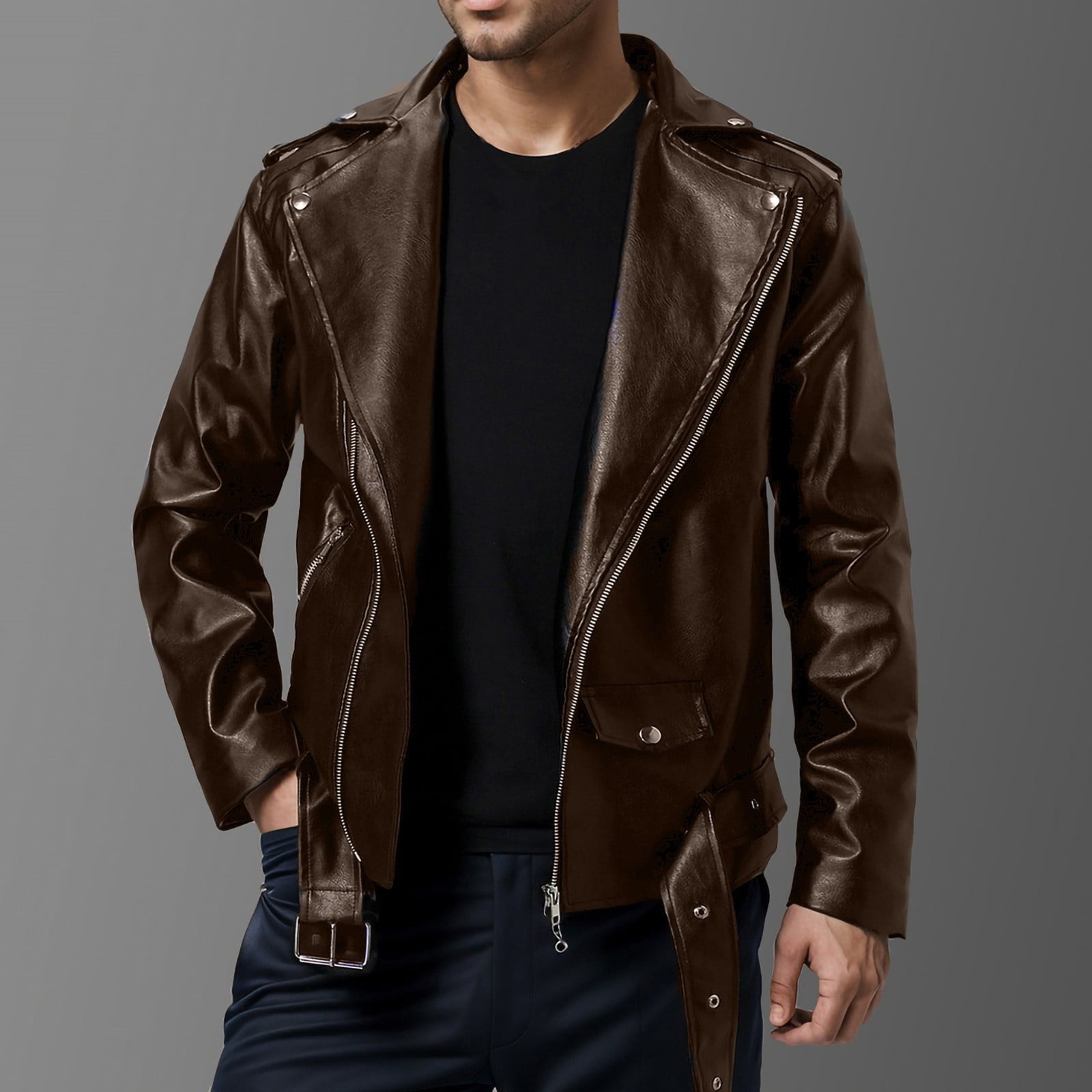Maoxin Mens Jacket Men's Collar Leather Jacket Casual Loose Men's Top Solid Color Long Sleeved Hooded Leather Jacket/jacket Plus Size Jackets for Men Coffee L