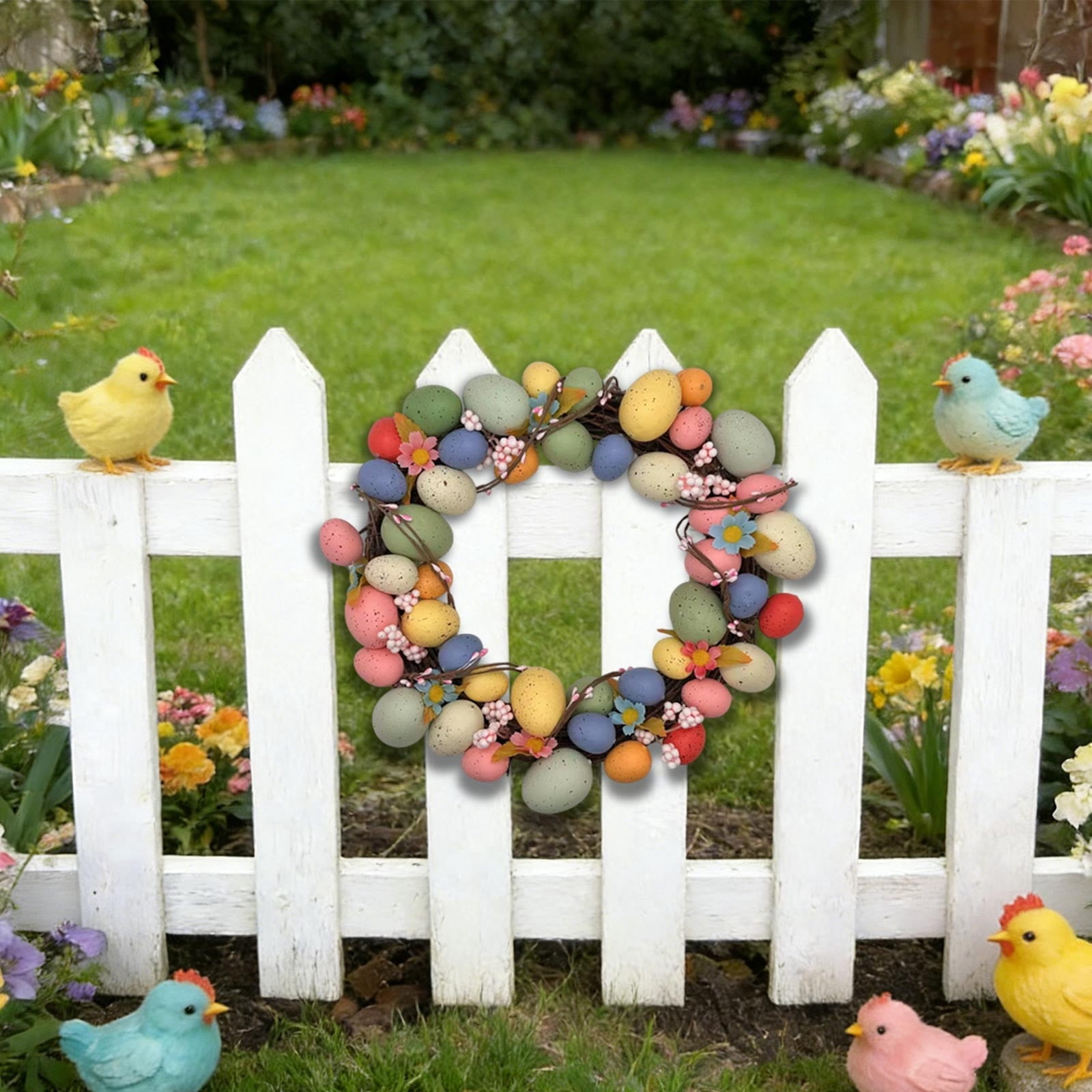 Festive Home Decor, Easter Egg Wreath Artificial Rattan Ring Door Hanger Home Party Decor B