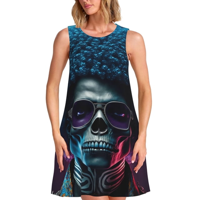Fotbe Punk Style Blue Haired Skull Vestido de Verano sin Mangas para Mujer – Vestido Midi Línea A, Estilo Camiseta Floral, Vestido Playero Casual y Fluido