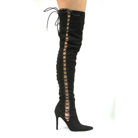 Static Fashion Womens Suede Side Lace Up Over The Knee High Heel