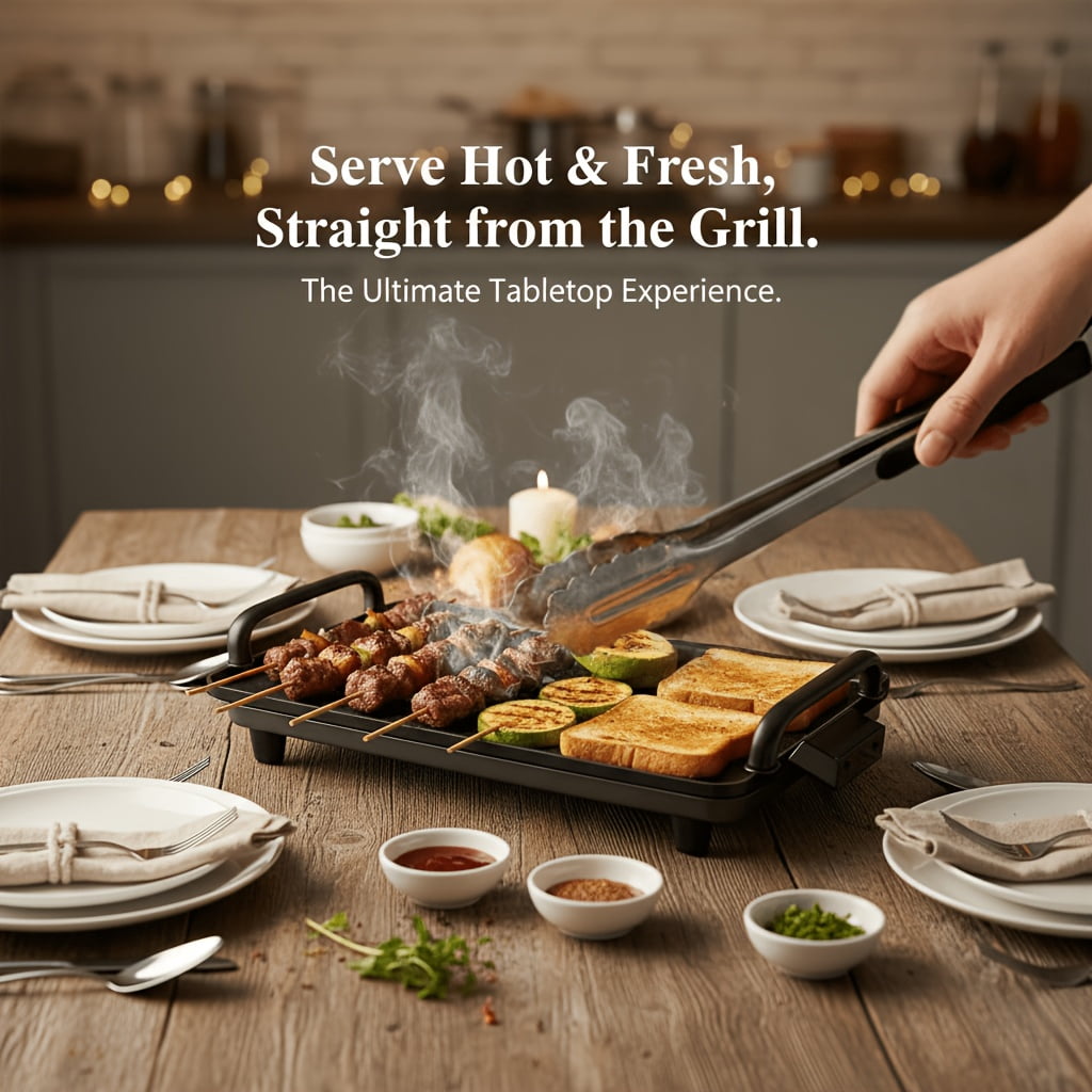 Smoke-Free Electric Grill Pan with Non-Stick Coating, Adjustable Temperature, Indoor BBQ